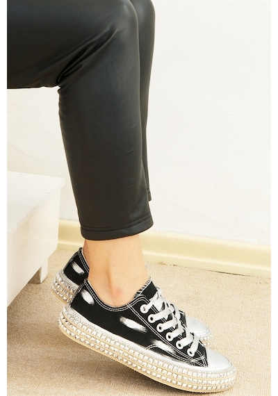 Shoetet Yuliana Kadın Sneakers Pimli Taşlanmış Coton Siyah Siyah