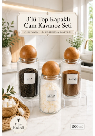 3'lü Ahşap Top Kapaklı Çay Şeker Kahve Tuz Kavanozu Cam 1000 Ml Şeffaf