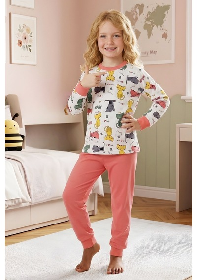 Modanino Kız ÇocukPamuk Pijama Takımı 4-11 Yaş 12628 Somon