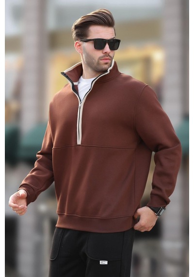 Madmext Acı Kahverengi Dik Yaka Yarım Fermuarlı Sweatshirt 7079 Acı Kahverengi