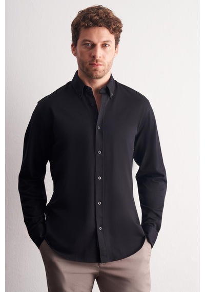 İmza Siyah Düğmeli Yaka Kendinden Desenli Örme Uzun Kol Performans Ürün Slim Fit %100 Pamuk Gömlek 1004255272 Siyah