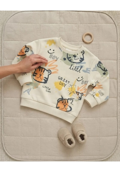 Tuffy Erkek Bebek Ekru Renkli Little Lion Baskılı Rahat Sweatshirt