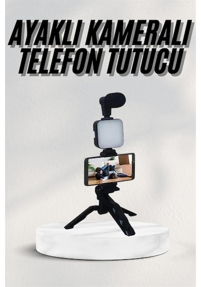 Telefon - 173 - Tutucu Led Işıklı Kumandalı Mikrofon Telefon Vlog - Csmo-tex - Video Kayıt