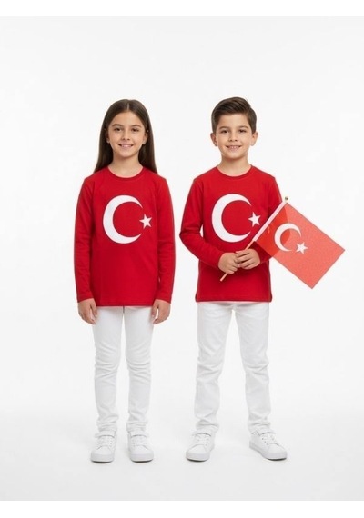 Zekids Çocuk Uzun Kollu Kırmızı Türk Bayraklı T-shirt-17210 KIrmızı