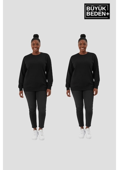 Süperlife Kadın Büyük Beden Bisiklet Yaka 2 Li Set-rahat Kalıp İnce Sweatshirt Spr26bswk956+2 Siyah