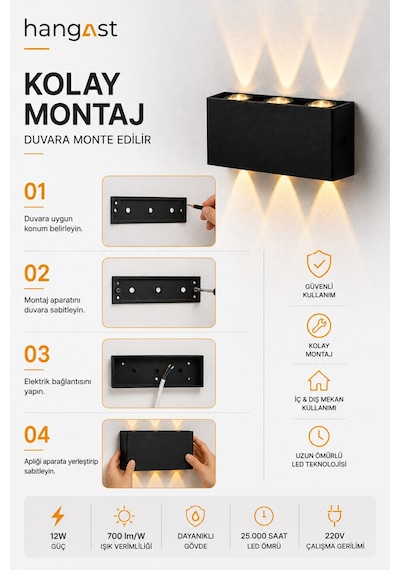 Pilli Gün Işığı 12w 3 Led Çift Yönlü Siyah Duvar Aplik Dekoratif Led Aydınlatma İç Dış Mekan Siyah