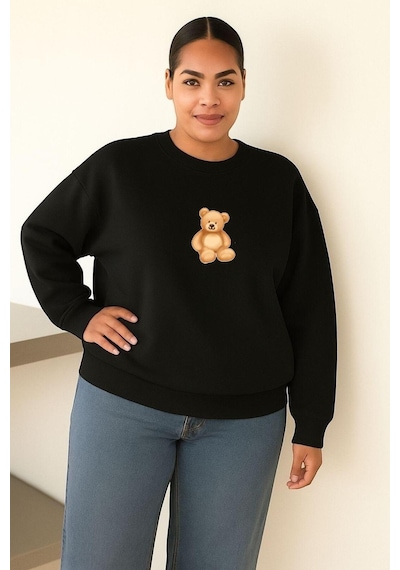 Benroma 3 İplik Penye Ayıcık Baskılı Büyük Beden Unisex Sweatshırt Siyah
