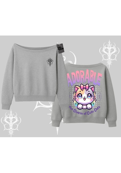 Startmore Adorable Kawaii Kedi Arka Baskılı Kayık Yaka Sweatshirt Gri