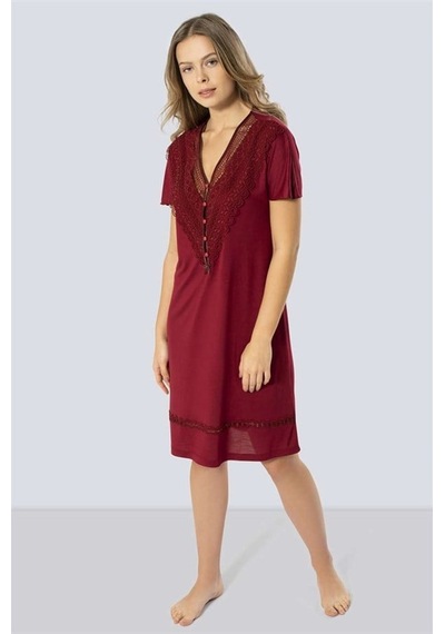Türen 3282 Güpürlü V Yaka Gecelik - Bordo Bordo