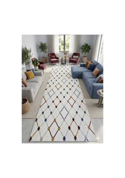 Nesrin Modern Minimalist Kafes Desenli Kaymaz Jel Taban Halı Renkli Beyaz