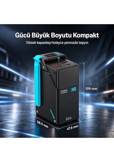 Bix Pb3010w 30000mah 65w Süper Hızlı Şarj Askı Tasarımlı Powerbank 4 Portlu Dijital Göstergeli Type-c Pd Taşınabilir Şarj Cihazı Siyah
