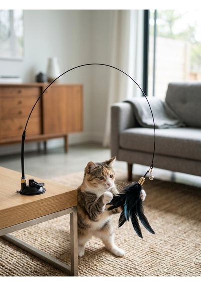 Vantuzlu Ve Çıngıraklı İnteraktif Kedi Oyun Oltası Siyah Tüylü