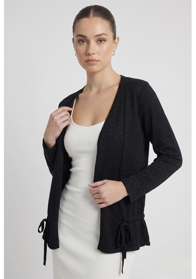 Neden Tekstil Premium Sim Dokulu Bağcık Detaylı Kadın Triko Elegant Hırka - Siyah