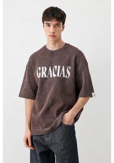 Vamos Oversize Baskılı Tişört V70-143 Kahve