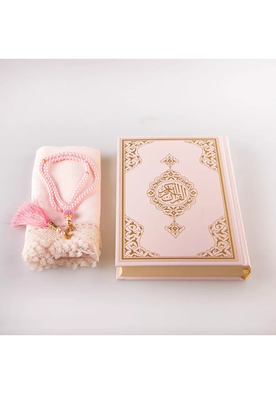 Şal + Tesbih + Kuran Hediye Seti Orta Boy, Standart Cilt, Pembe