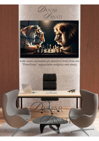 Aslan Ve Kaplan Satranç Cam Tablo Evlika Modern Ev Ofis Salon Hediyelik Büyük Tablo Duvar Dekoru