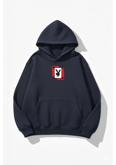 Uyguntarz Unisex Yumuşak Dokulu Playboy Baskılı Tasarım Oversize 3 İplik Hoodie Sweatshirt Indigo