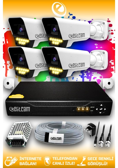 Elitcam 4 Kameralı Süper 4 Dış Kamera Set HDD'siz 5 MP 2K Net Renkli Gece Görüşlü Güvenlik Kamerası Sistemi