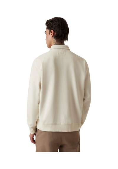 Guess Erkek Dik Yakalı Fermuarlı Aplikeli Sweatshirt - Krem Krem
