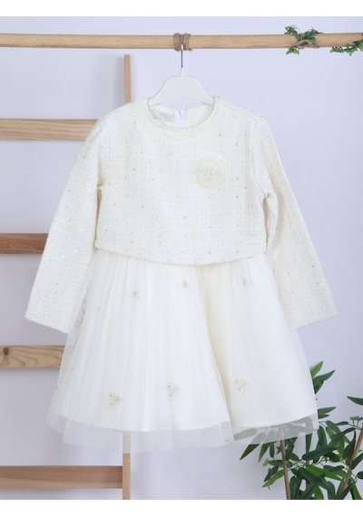 Xo Kids Çiçek Broşlu Krem Renk Prenses Model Kız Çocuk Ceketli Elbise 4-10 Yaş 4422 Ekru