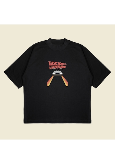 Startmore Back To The Future Baskılı Oversize Unisex Pamuklu Nefes Alan Kalın Kumaşlı Siyah