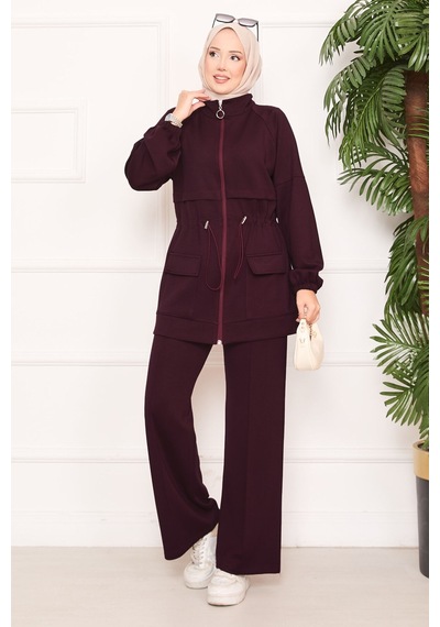 Butik Kadın Fermuarlı Cep Detaylı Tesettür Eşofman Takımı Bordo Bordo