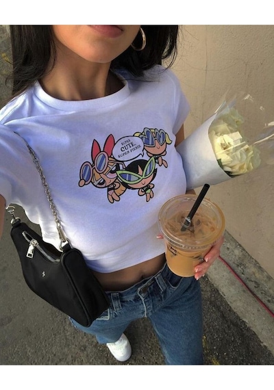 Startmore Beyaz Powerpuff Girls Beyaz Baby Tee Crop Y2k