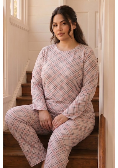 Siyah İnci Desenli Termal Kumaşlı Ultra Soft Yumuşak Büyük Beden Battal Boy Örme Pijama Takımı 26226712 Pembe