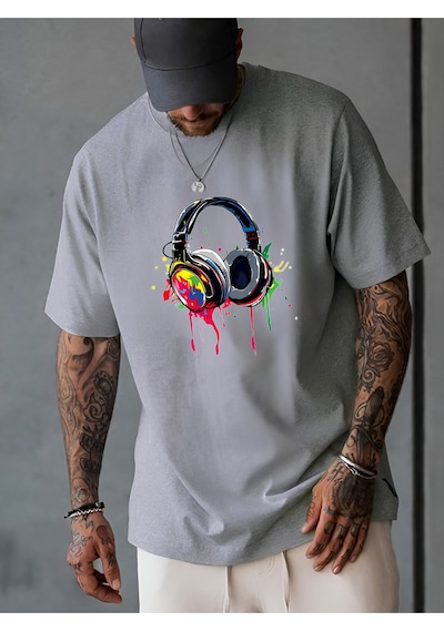 Kulaklık T-shirt - Baskılı Oversize Bisiklet Yaka Kısa Kol Tişört Gri