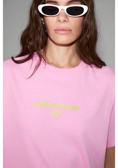 Grımelange Fıneste Kadın Yumuşak Kumaşlı %100 Organik Pamuklu Baskı Detaylı Pembe T-shirt