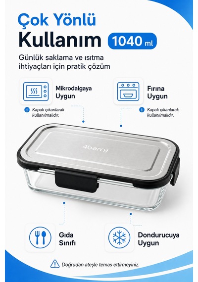 1040 Ml Kilitli Cam Saklama Kabı İnoks Kapaklı Yemek Ve Kahvaltılık Kabı Şeffaf