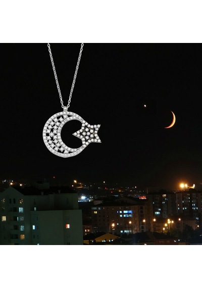 Ay Yıldız Gümüş Kolye Zirkon Taşlı Büyük Boy Wsn143