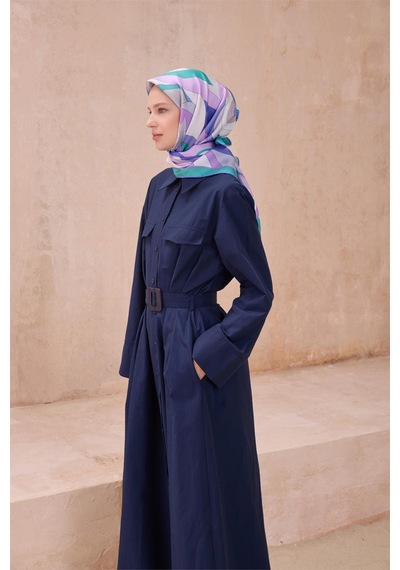 Belli İpek Eşarp - 4108-83 Lila Mavi Gri Twill