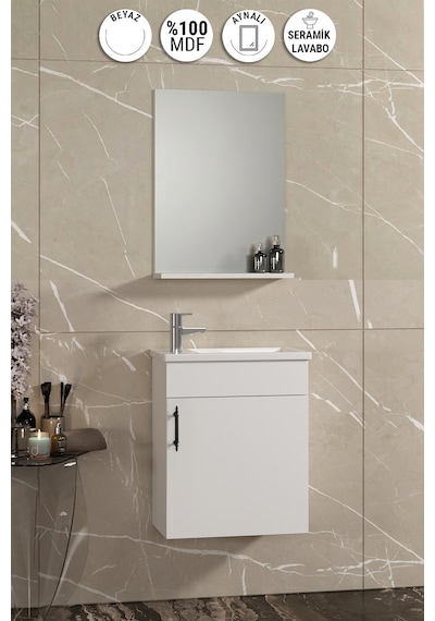 Lale 42x24 Cm Beyaz Mdf Seramik Lavabolu Asma Banyo Dolabı Takımı