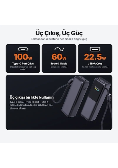 Dr-07 20000mah 100w Hızlı Şarj Powerbank Dijital Ekranlı Dahili Type-c Kablolu Dizüstü Uyumlu Gri