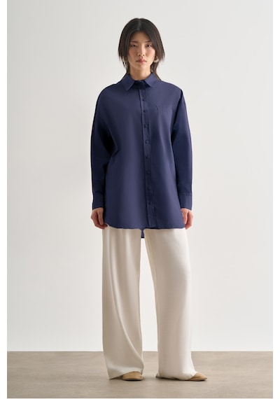 Mizalle Premium Saf Pamuk İndigo Mavi Oversize Gömlek Indigo