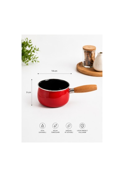 14 Cm Emaye Sütlük Ahşap Saplı Süt Cezvesi Sosluk 1200ml 9 Cm Derinlik Kırmızı