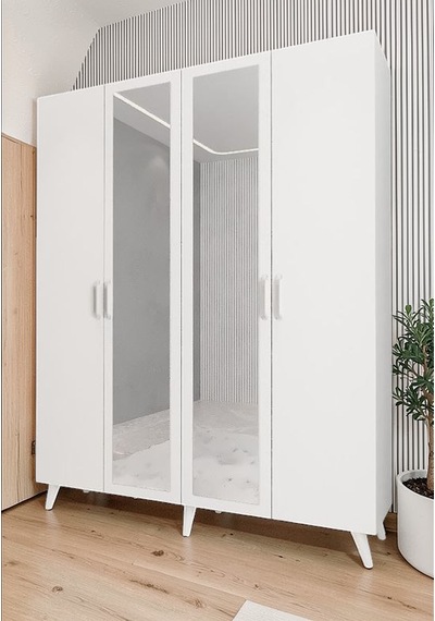Alara Tamamı Mdf Aynalı Portmanto Vestiyer Ayakkabılık Beyaz 140 Cm - M2