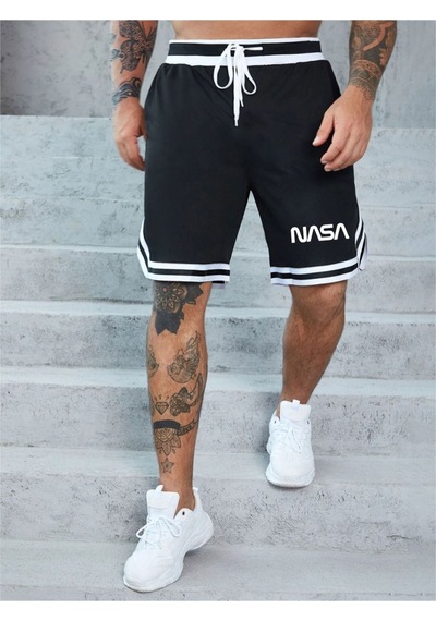Altamira Erkek Siyah Nasa Baskılı Bel Paça Şeritli Şort 001