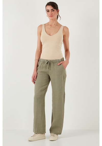 Lela Relaxed Fit Normal Bel Geniş Paça Çift Cepli Keten Bayan Pantolon 668Yp4991 Haki