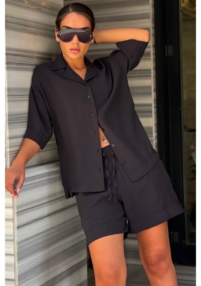 Madmext Siyah Kısa Kollu Modal Gömlek Şort Takım Mg2739