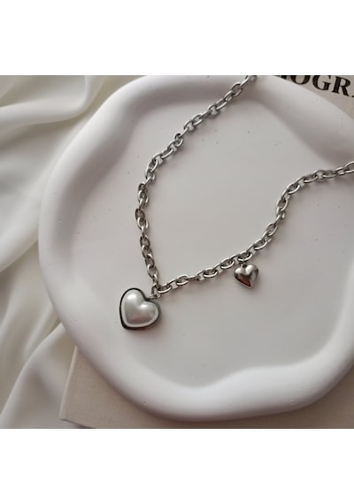 Lente Aksesuar Silver Renk Bombeli Sedefli Kalp Kolye Silver
