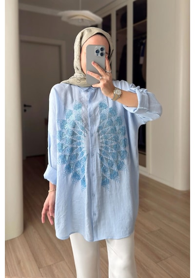 Kahijab Rose Boncuk İşlemeli Gömlek - Mavi