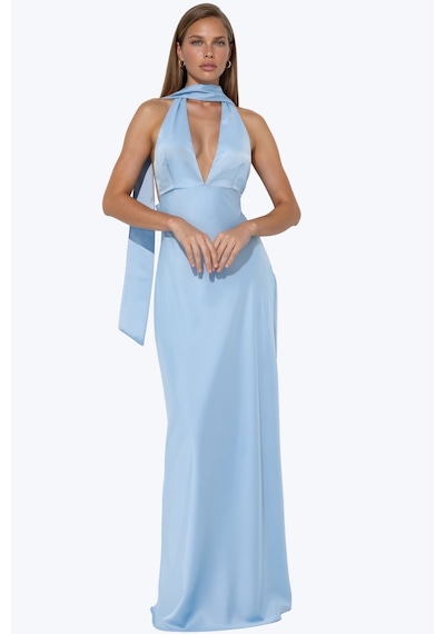 Hiccup V Yaka Bodycon Maxi Elbise Buz Mavisi