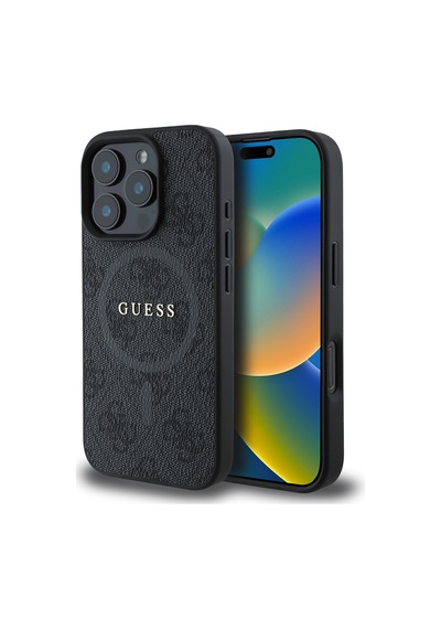 Apple Uyumlu iPhone 16 Pro Max Guess Lisanslı Halkalı Magsafe Şarj Özellikli 4g Desenli Yazı Logolu Kapak Siyah