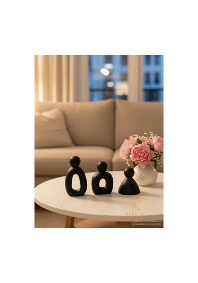 3'lü Aile Biblosu Mat Siyah Oval Figür Seti Soyut Heykel Modern Minimalist Dekoratif Ev Hediyes 05
