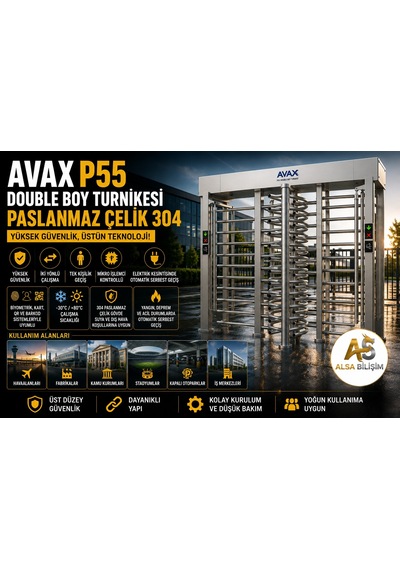 Avax P55 Double Boy Turnikesi 304 Paslanmaz Çelik Çift Geçişli Yüksek Güvenlik Turnikesi
