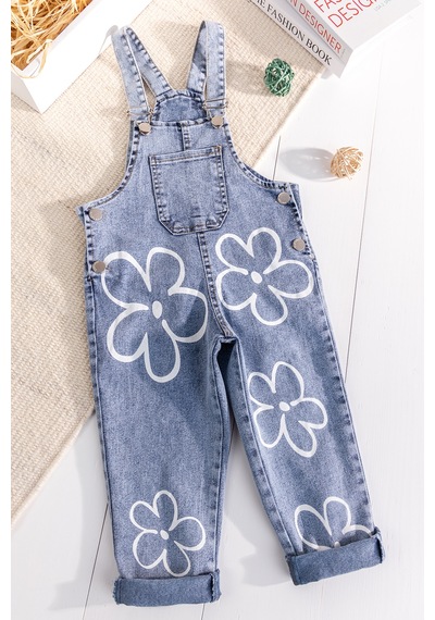 Baby Mod Çiçek Baskılı Denim Kız Çocuk Salopet Kot Tulum Mavi