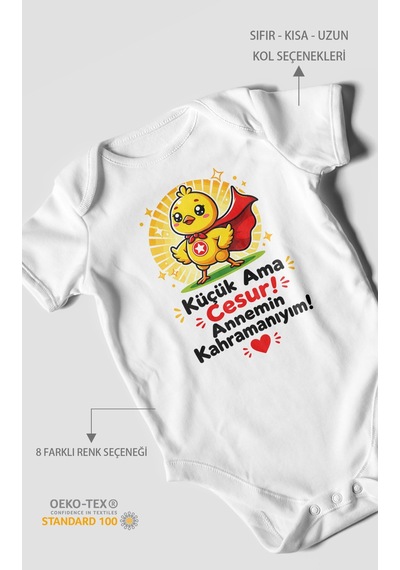 Morivokids Küçük Ama Cesur Annemin Kahramanıyım Kısa Kollu Bebek Body %100 Pamuk Beyaz