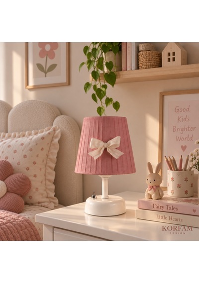 Gül Kurusu Pembe Keten Kumaş Kız Çocuk Odası Pilli Masa & Gece Lambası Çok Renkli